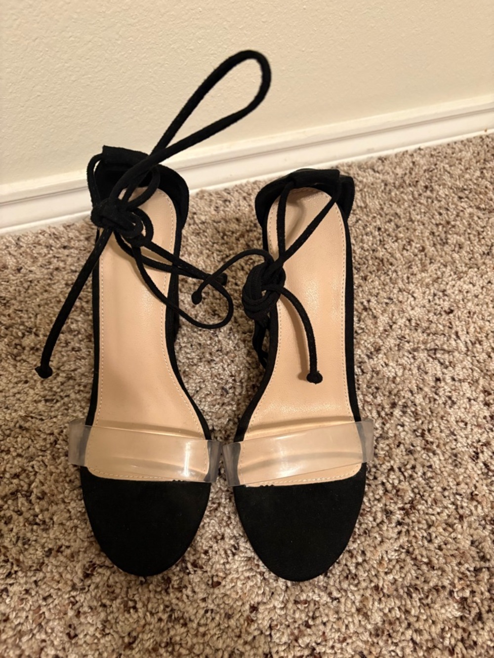 Black Lace-Up Clear Strap Women's Heels